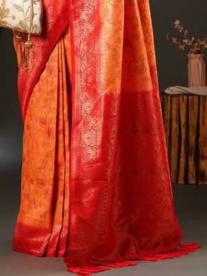 Peach peach-coloured & red ethnic motifs woven design zari kanjeevaram saree 5