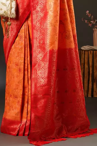 Peach peach-coloured & red ethnic motifs woven design zari kanjeevaram saree