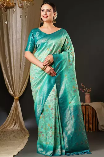Blue blue & red ethnic motifs woven design zari kanjeevaram saree