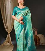 Blue blue & red ethnic motifs woven design zari kanjeevaram saree