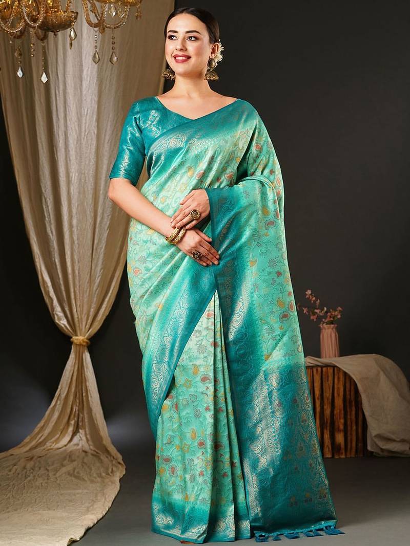 Blue blue & red ethnic motifs woven design zari kanjeevaram saree