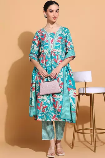 women floral printed  cotton kurta with trousers & with dupatta