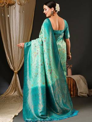 Blue blue & red ethnic motifs woven design zari kanjeevaram saree 2