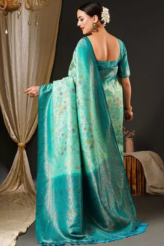 Blue blue & red ethnic motifs woven design zari kanjeevaram saree