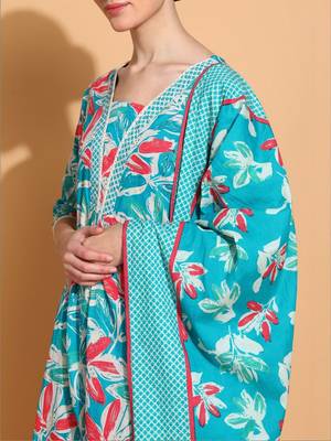 women floral printed  cotton kurta with trousers & with dupatta 2