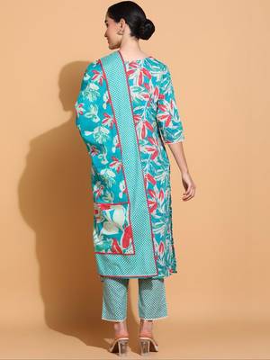 women floral printed  cotton kurta with trousers & with dupatta 3