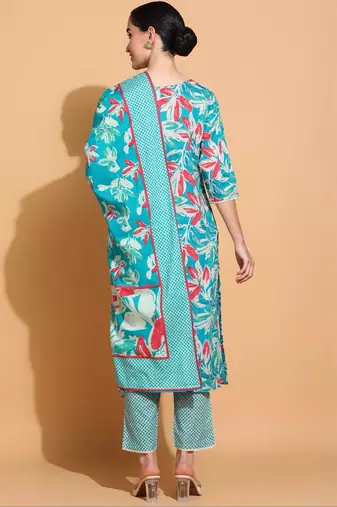 women floral printed  cotton kurta with trousers & with dupatta
