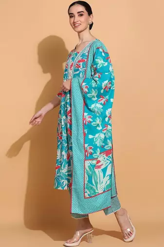 women floral printed  cotton kurta with trousers & with dupatta