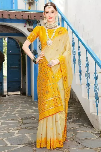 Cream cream-coloured & yellow ethnic motif woven design zari saree