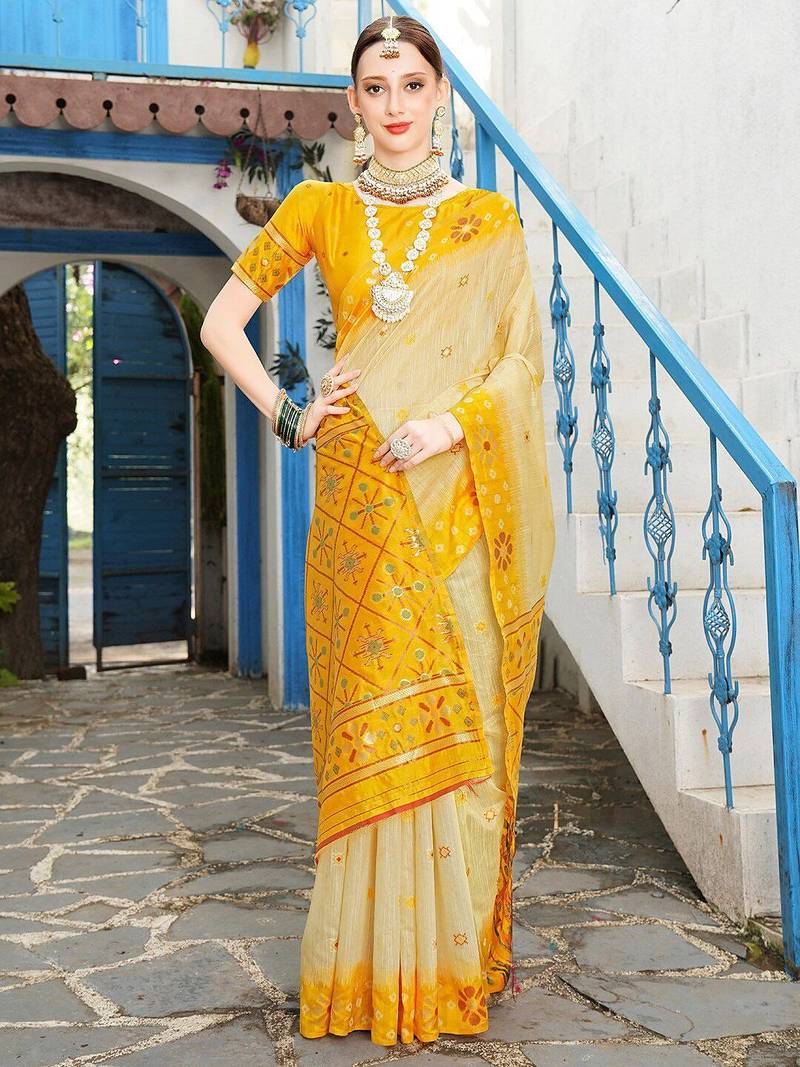 Cream cream-coloured & yellow ethnic motif woven design zari saree