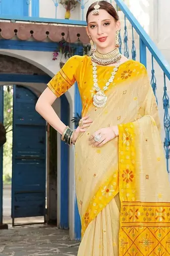 Cream cream-coloured & yellow ethnic motif woven design zari saree