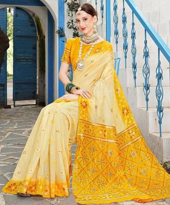 Cream cream-coloured & yellow ethnic motif woven design zari saree 3