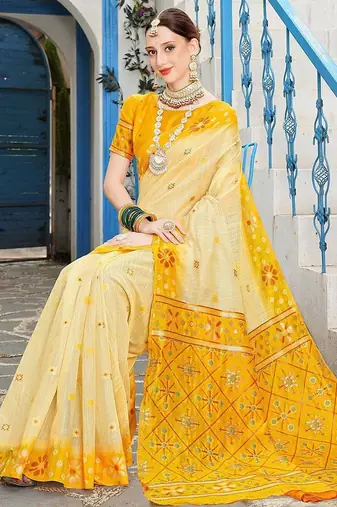 Cream cream-coloured & yellow ethnic motif woven design zari saree