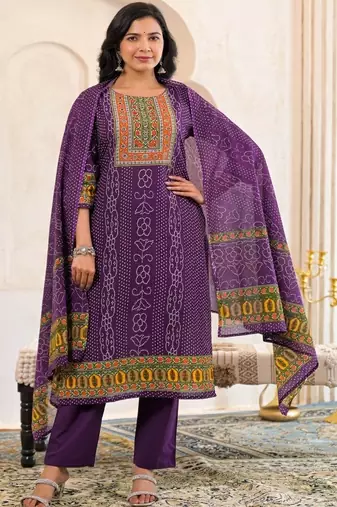 women bandhani embroidered mirror work  cotton kurta with trousers & with dupatta