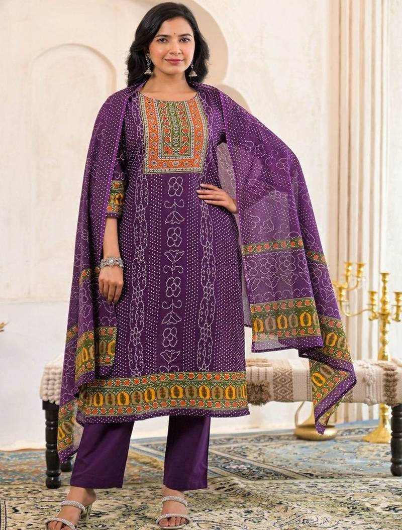 women bandhani embroidered mirror work  cotton kurta with trousers & with dupatta