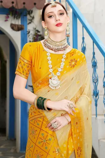 Cream cream-coloured & yellow ethnic motif woven design zari saree