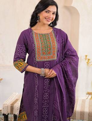 women bandhani embroidered mirror work  cotton kurta with trousers & with dupatta 2