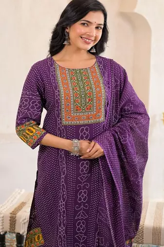 women bandhani embroidered mirror work  cotton kurta with trousers & with dupatta