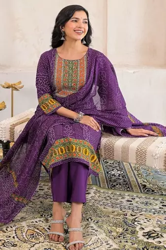 women bandhani embroidered mirror work  cotton kurta with trousers & with dupatta