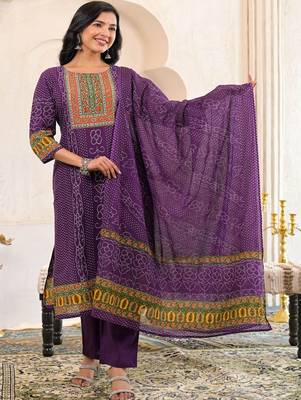 women bandhani embroidered mirror work  cotton kurta with trousers & with dupatta 5
