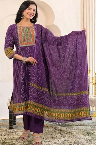 women bandhani embroidered mirror work  cotton kurta with trousers & with dupatta