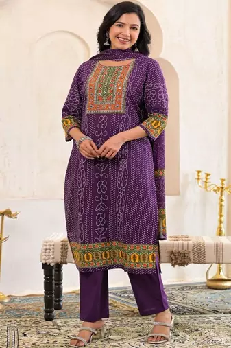 women bandhani embroidered mirror work  cotton kurta with trousers & with dupatta