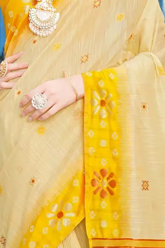 Cream cream-coloured & yellow ethnic motif woven design zari saree