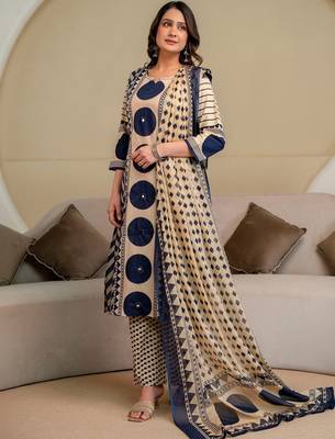 women printed mirror work  cotton kurta with trousers & with dupatta 1