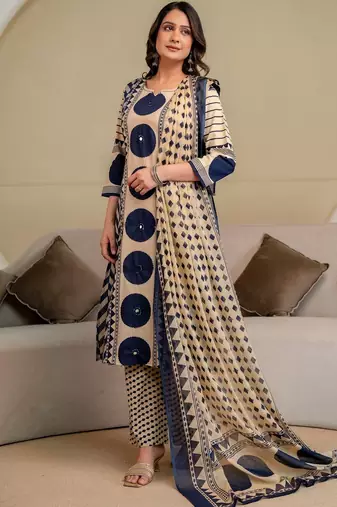 women printed mirror work  cotton kurta with trousers & with dupatta