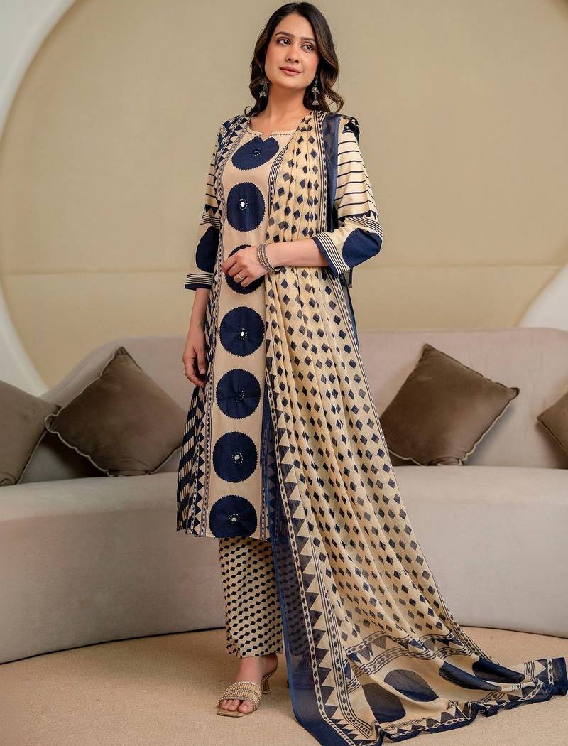 women printed mirror work  cotton kurta with trousers & with dupatta