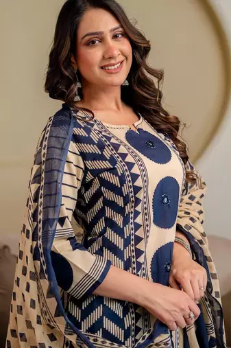 women printed mirror work  cotton kurta with trousers & with dupatta