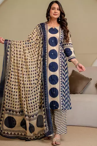 women printed mirror work  cotton kurta with trousers & with dupatta