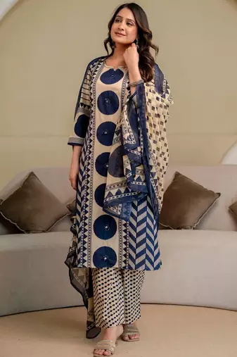 women printed mirror work  cotton kurta with trousers & with dupatta