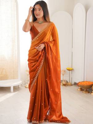 Orange embellished embroidered tissue designer saree 1
