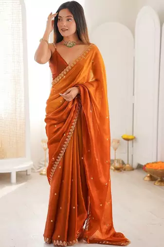 Orange embellished embroidered tissue designer saree