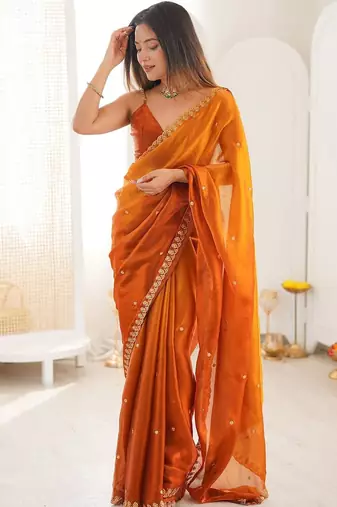 Orange embellished embroidered tissue designer saree