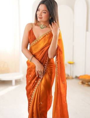 Orange embellished embroidered tissue designer saree 3