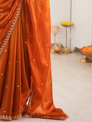 Orange embellished embroidered tissue designer saree 4