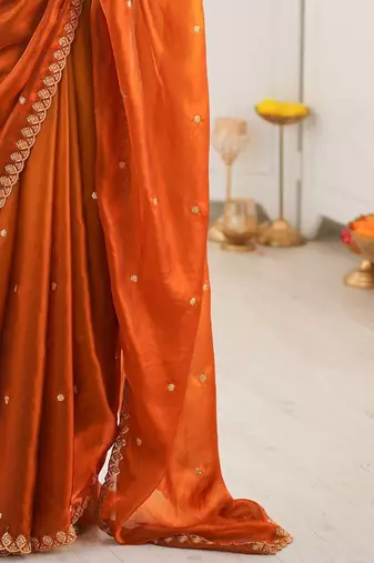 Orange embellished embroidered tissue designer saree