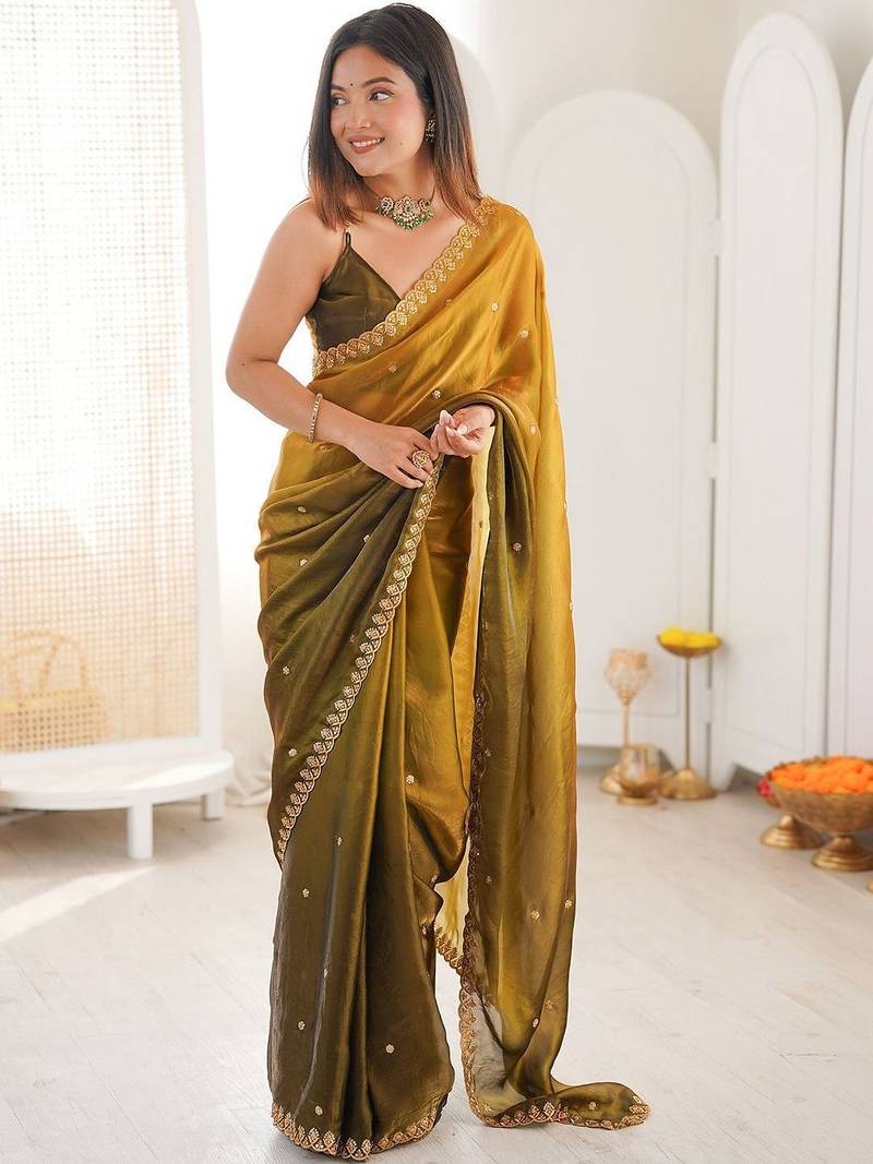 Multicolor ombre embroidered tissue saree