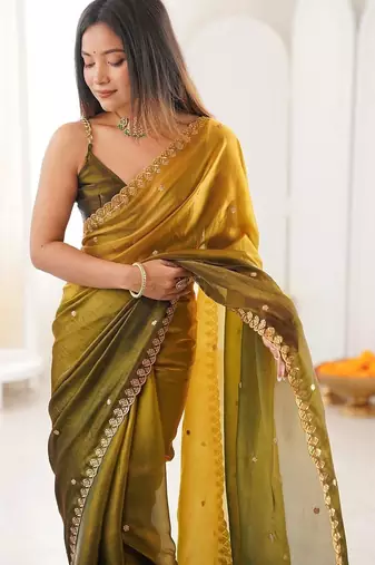 Multicolor ombre embroidered tissue saree