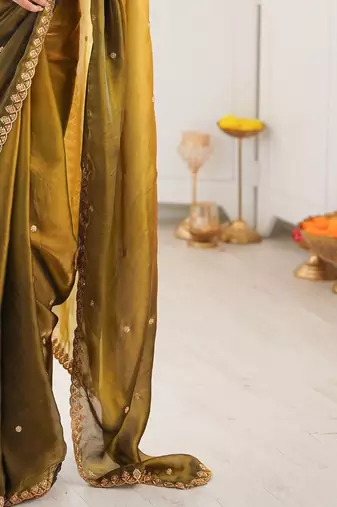 Multicolor ombre embroidered tissue saree