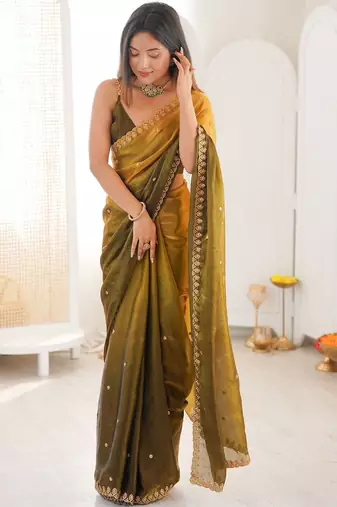 Multicolor ombre embroidered tissue saree