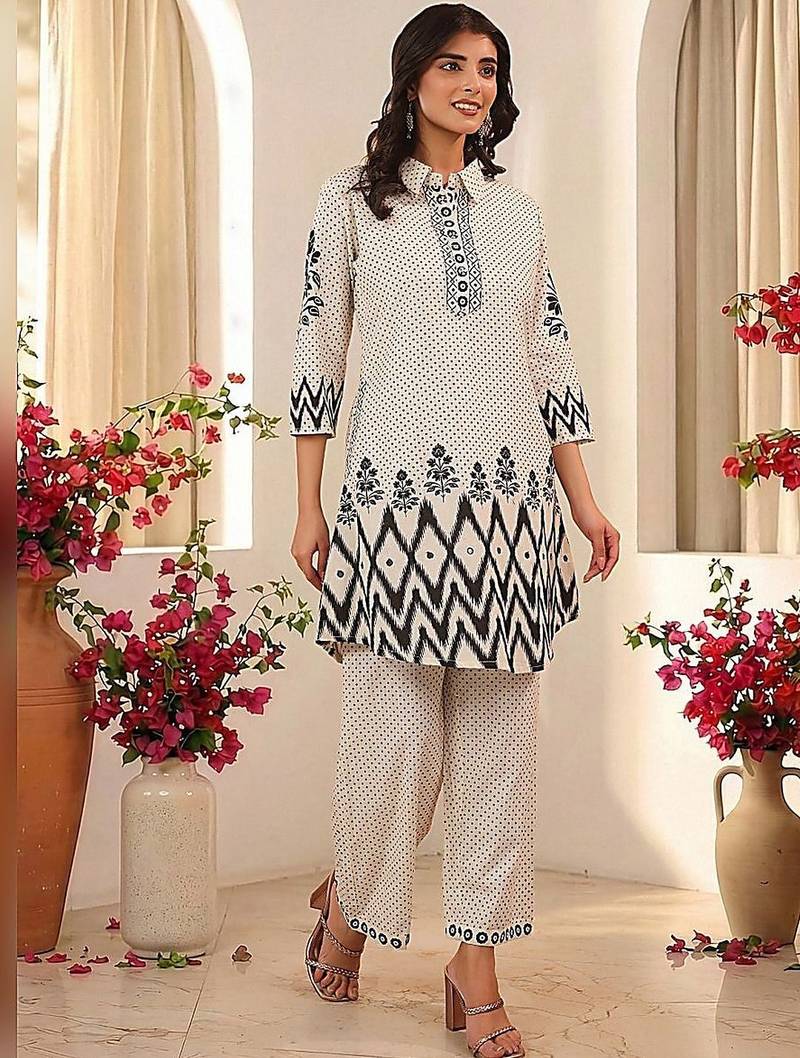 women printed regular  cotton kurta with trousers