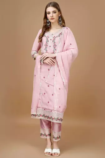 women floral embroidered regular thread work kurta with trousers & with dupatta