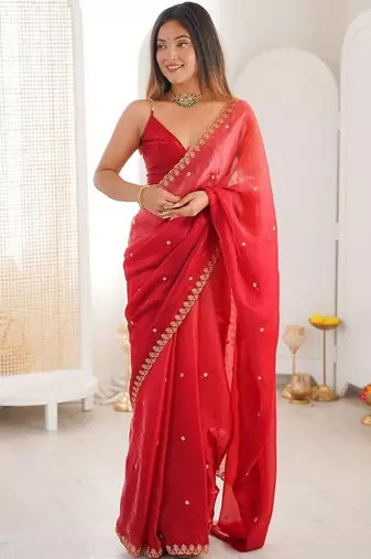 Red embellished zari tissue designer saree