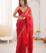 Red embellished zari tissue designer saree