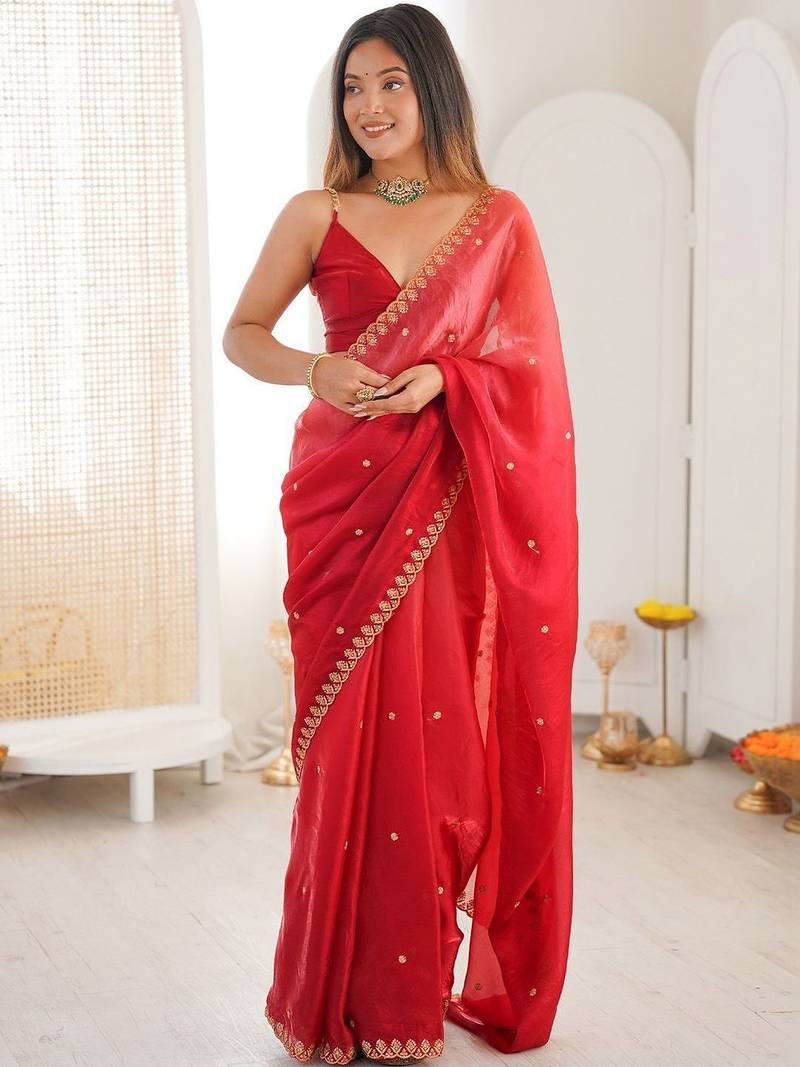 Red embellished zari tissue designer saree