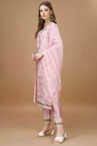 women floral embroidered regular thread work kurta with trousers & with dupatta