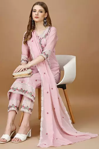 women floral embroidered regular thread work kurta with trousers & with dupatta